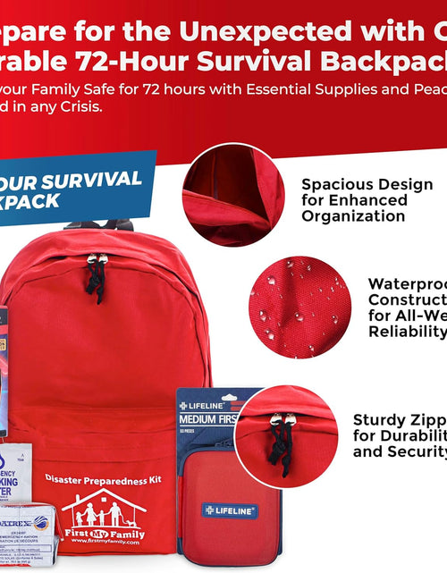 Load image into Gallery viewer, First My Family All-In-One 2 Person, 72 Hour Emergency Survival Kit for Fires, Earthquakes, Hurricanes, Floods, Tsunami and Other Disasters - Premium Red Backpack
