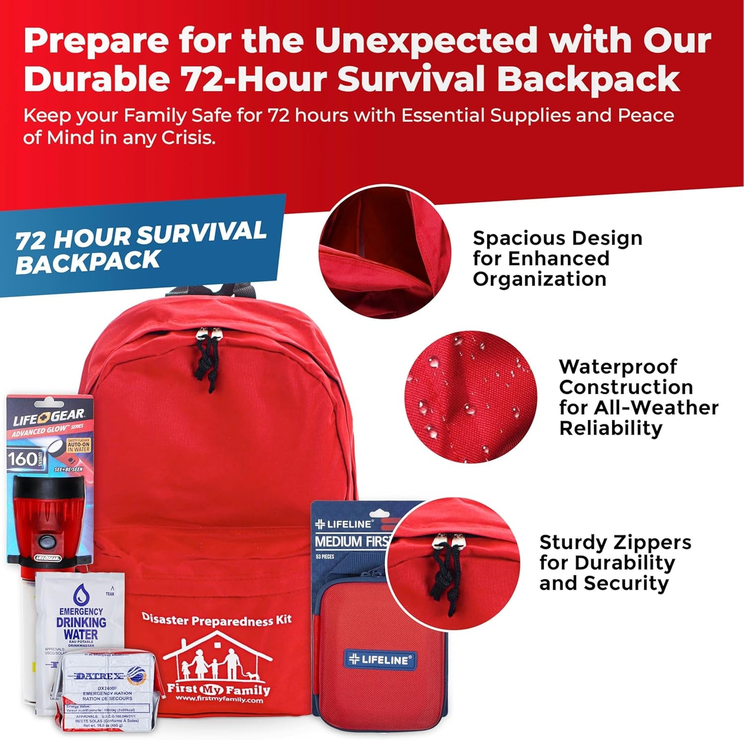 First My Family All-In-One 2 Person, 72 Hour Emergency Survival Kit for Fires, Earthquakes, Hurricanes, Floods, Tsunami and Other Disasters - Premium Red Backpack