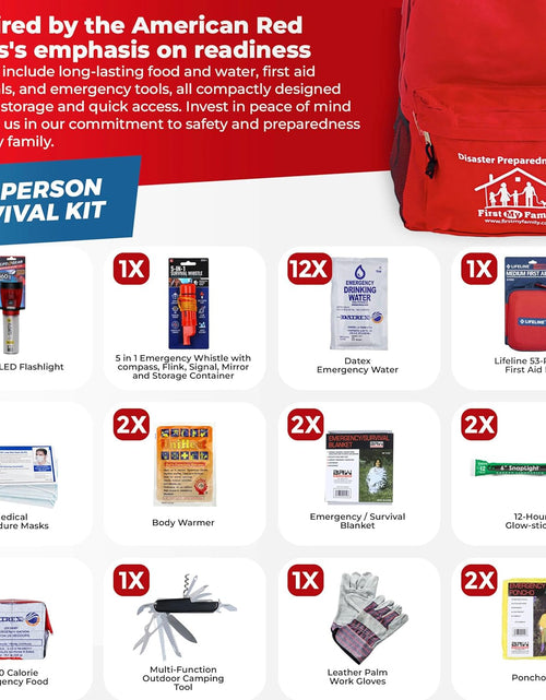 Load image into Gallery viewer, First My Family All-In-One 2 Person, 72 Hour Emergency Survival Kit for Fires, Earthquakes, Hurricanes, Floods, Tsunami and Other Disasters - Premium Red Backpack
