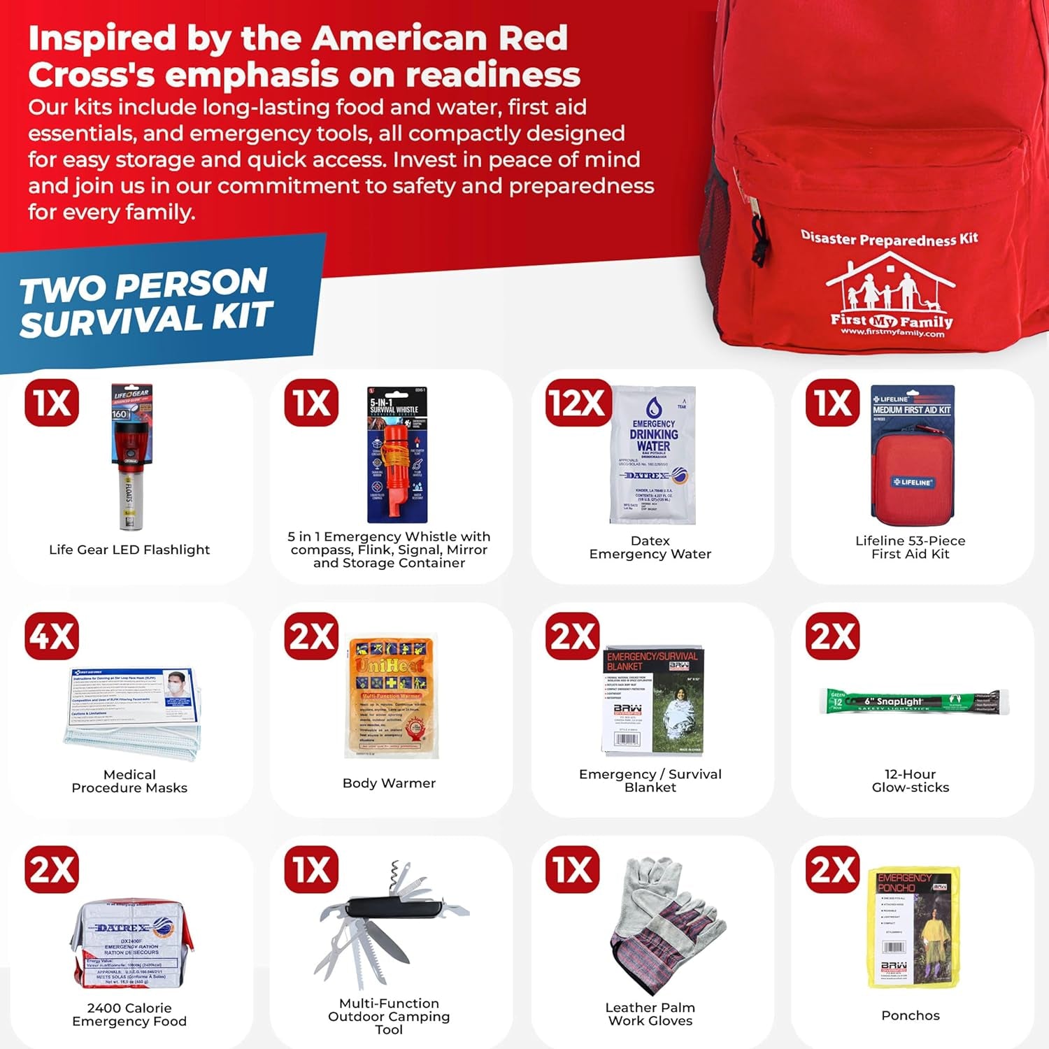 First My Family All-In-One 2 Person, 72 Hour Emergency Survival Kit for Fires, Earthquakes, Hurricanes, Floods, Tsunami and Other Disasters - Premium Red Backpack