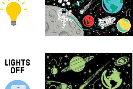 Outer Space – 100 Piece Glow in the Dark Jigsaw Puzzle with a Fun Scene of Planets and Stars and Hidden Details in the Dark