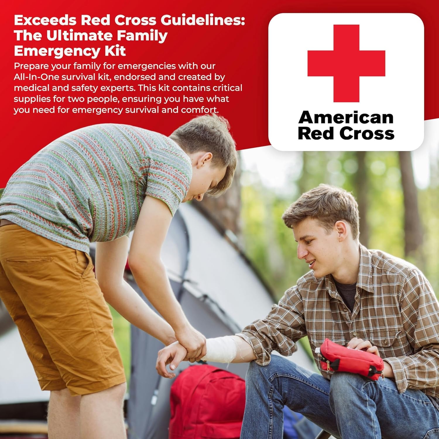 First My Family All-In-One 2 Person, 72 Hour Emergency Survival Kit for Fires, Earthquakes, Hurricanes, Floods, Tsunami and Other Disasters - Premium Red Backpack