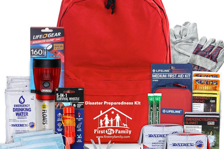 First My Family All-In-One 2 Person, 72 Hour Emergency Survival Kit for Fires, Earthquakes, Hurricanes, Floods, Tsunami and Other Disasters - Premium Red Backpack