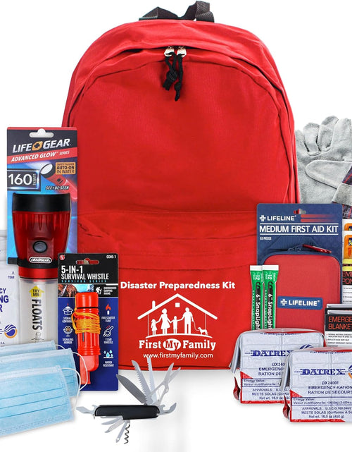 Load image into Gallery viewer, First My Family All-In-One 2 Person, 72 Hour Emergency Survival Kit for Fires, Earthquakes, Hurricanes, Floods, Tsunami and Other Disasters - Premium Red Backpack
