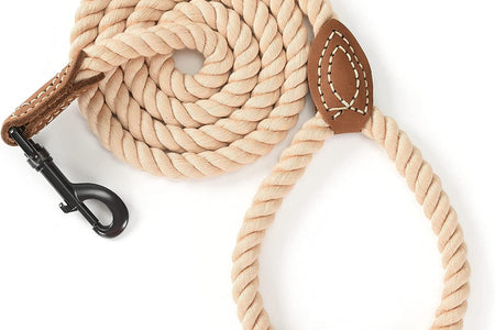 Dog Leash | Braided Cotton Rope Dog Leashes with Leather Tailor Tip | 6 Feet Dog Leash W Heavy Duty Metal Clasp | Wedding Dog Leash (Light Brown, 72 Inches)