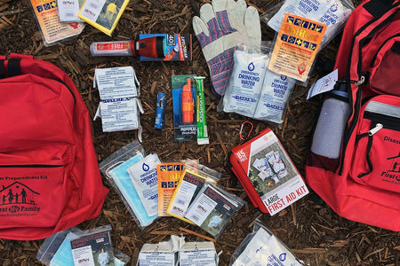First My Family All-In-One 2 Person, 72 Hour Emergency Survival Kit for Fires, Earthquakes, Hurricanes, Floods, Tsunami and Other Disasters - Premium Red Backpack