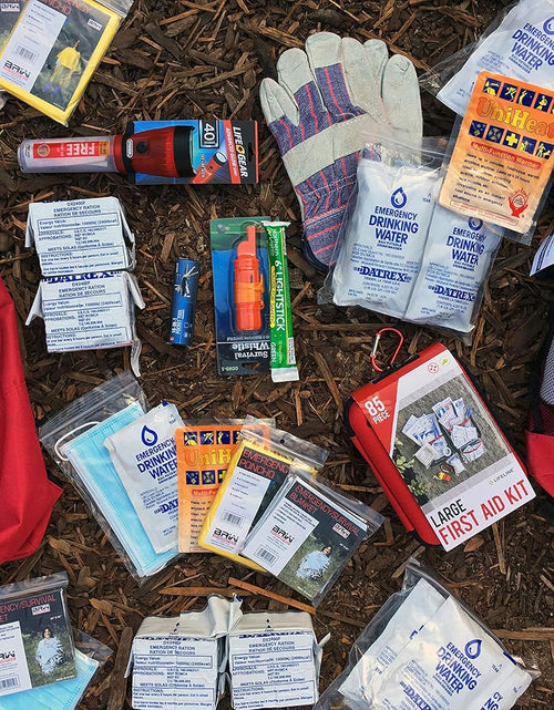 Load image into Gallery viewer, First My Family All-In-One 2 Person, 72 Hour Emergency Survival Kit for Fires, Earthquakes, Hurricanes, Floods, Tsunami and Other Disasters - Premium Red Backpack
