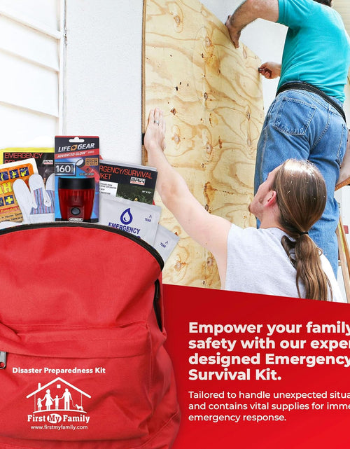 Load image into Gallery viewer, First My Family All-In-One 2 Person, 72 Hour Emergency Survival Kit for Fires, Earthquakes, Hurricanes, Floods, Tsunami and Other Disasters - Premium Red Backpack
