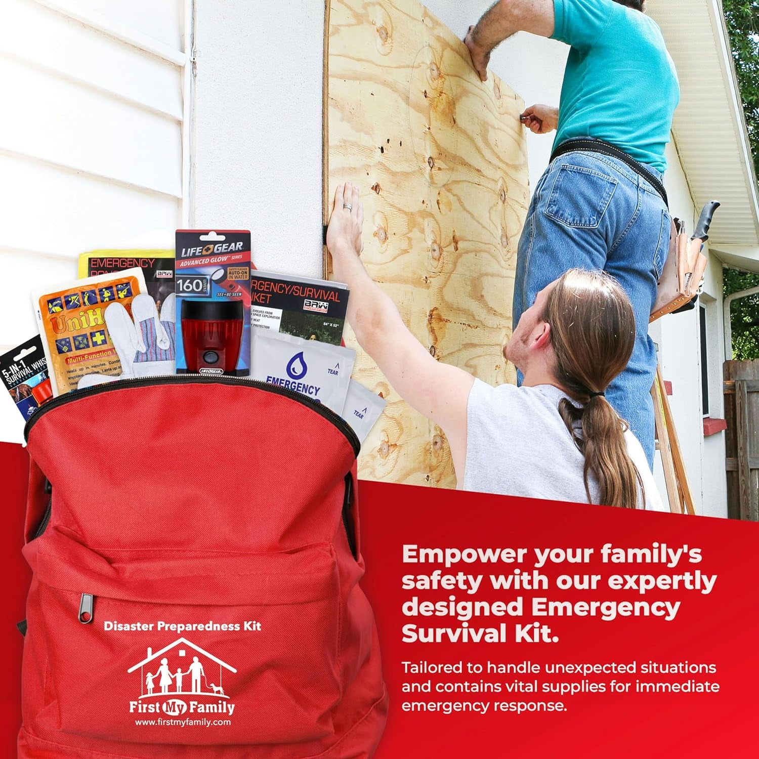 First My Family All-In-One 2 Person, 72 Hour Emergency Survival Kit for Fires, Earthquakes, Hurricanes, Floods, Tsunami and Other Disasters - Premium Red Backpack